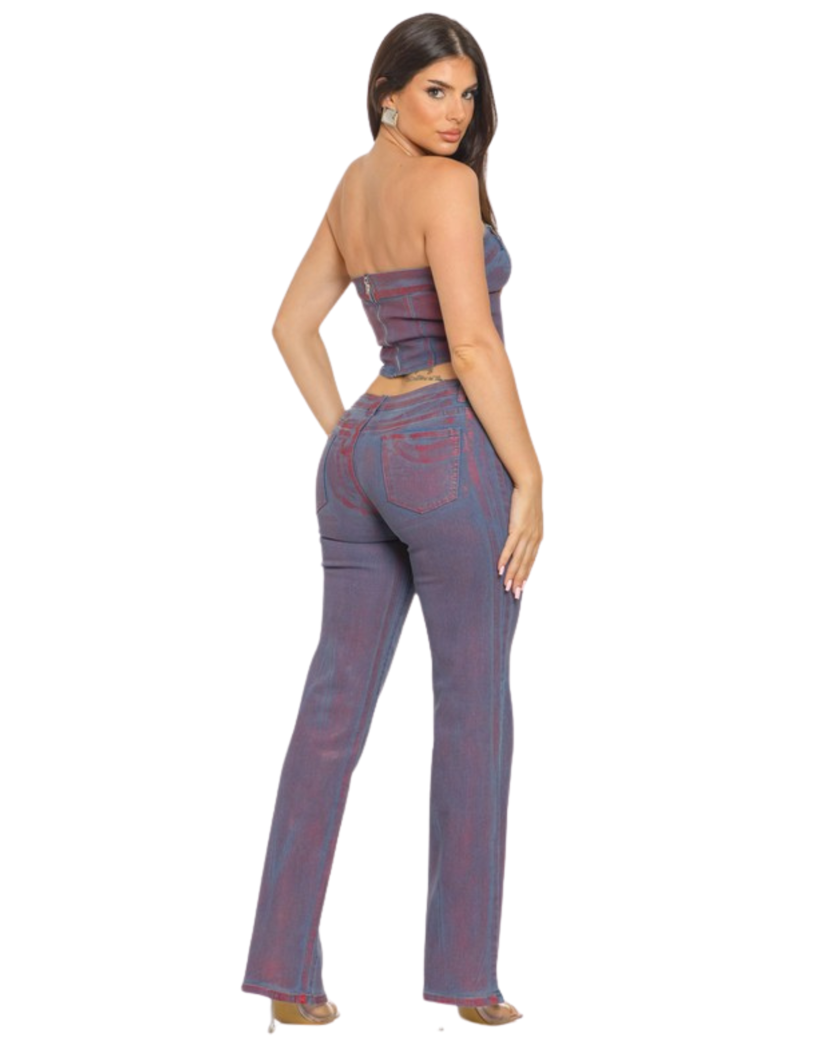 Metallic Belted Denim Top & Pants Set