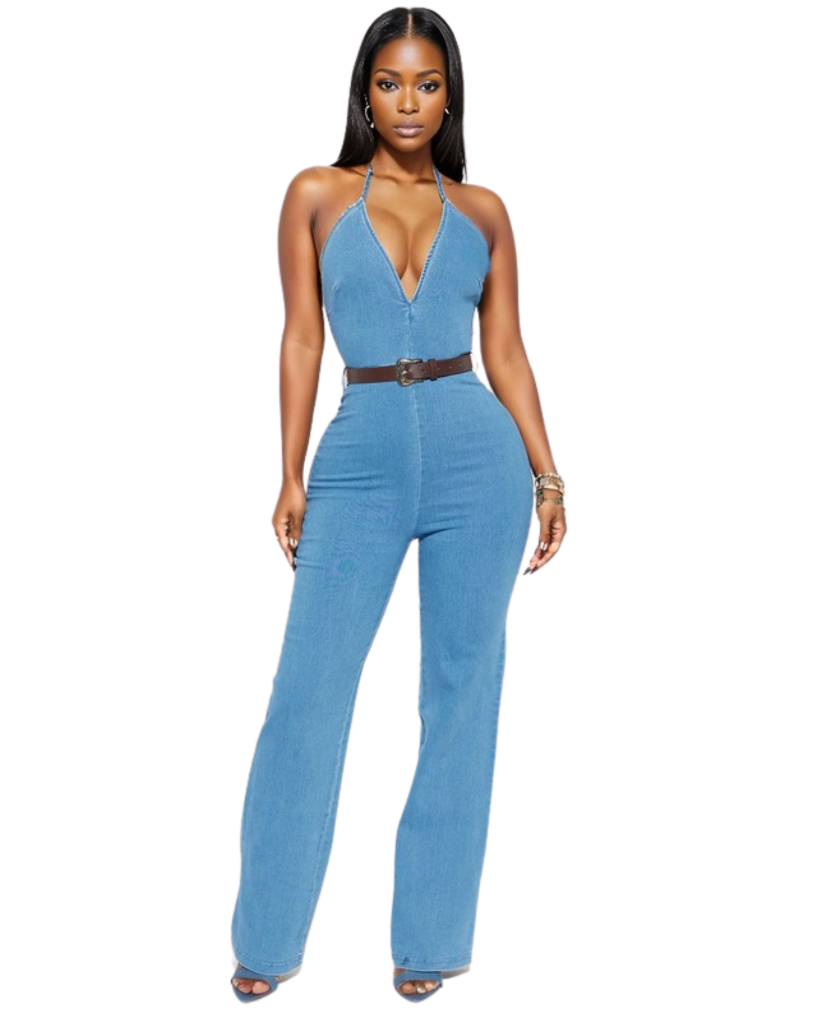 Leather Belted Denim Jumpsuit