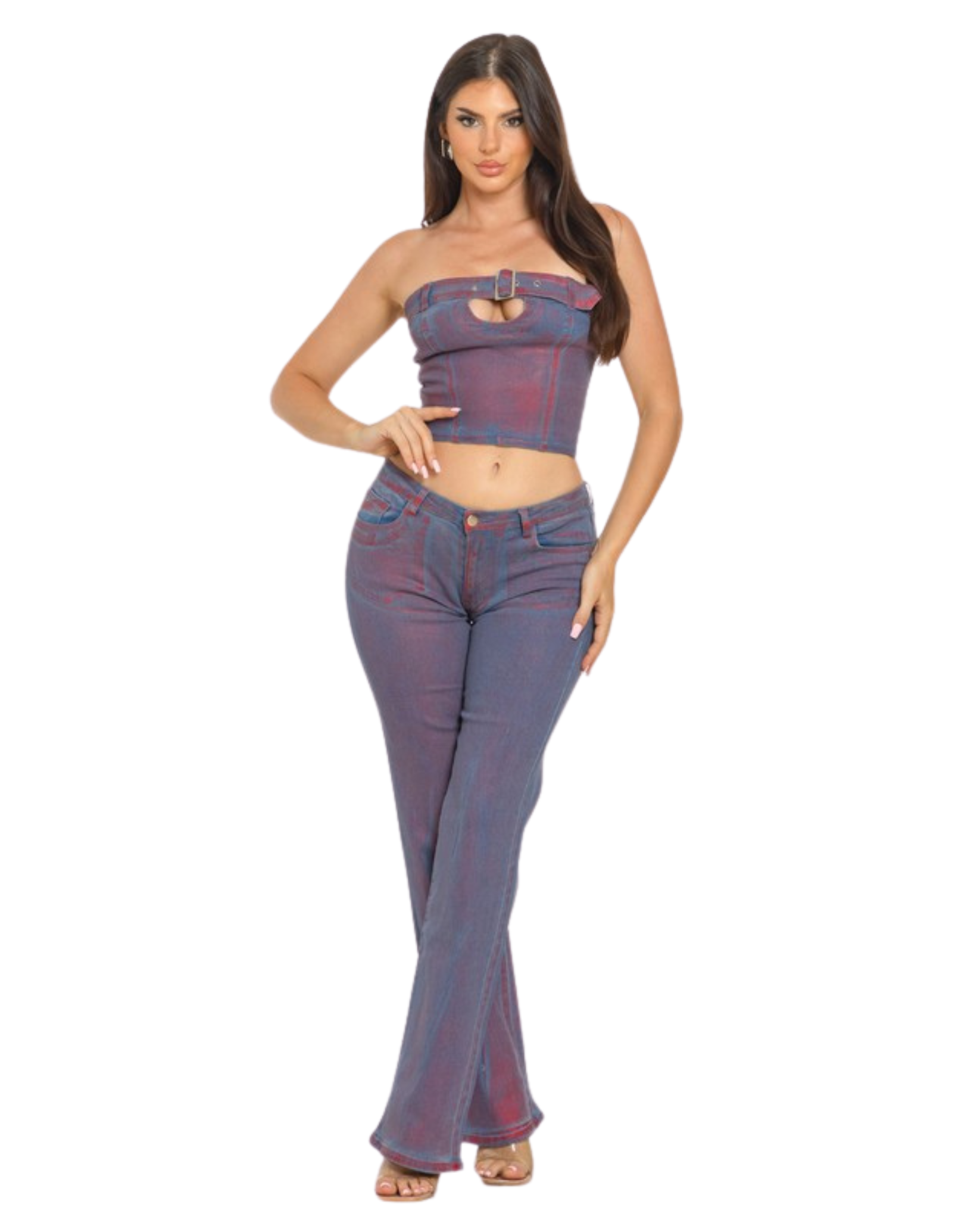 Metallic Belted Denim Top & Pants Set
