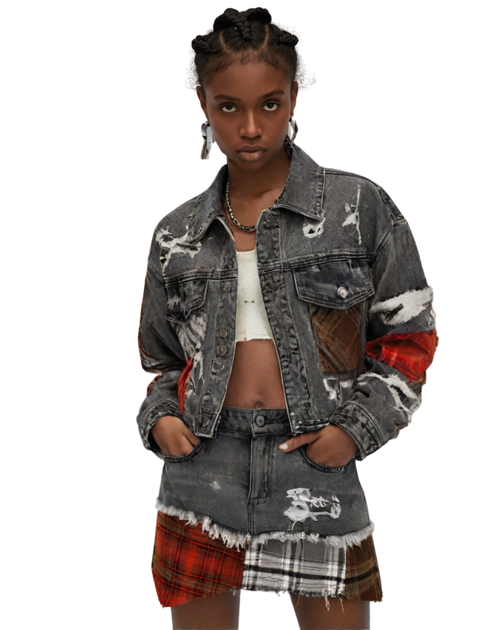 Plaid Applique Denim Crop Jacket