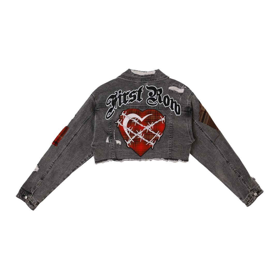 Plaid Applique Denim Crop Jacket